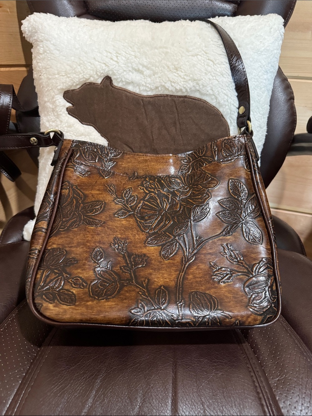 Patricia Nash Brown Embossed Floral Leather Shoulder Bag